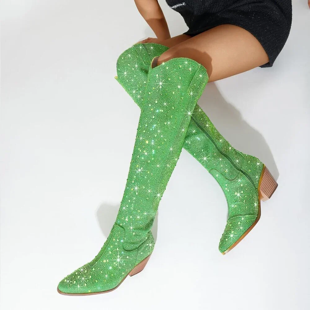 Women Green Faux Leather Sparkly Bling Rhinestone Over the Knee Cowboy Boots